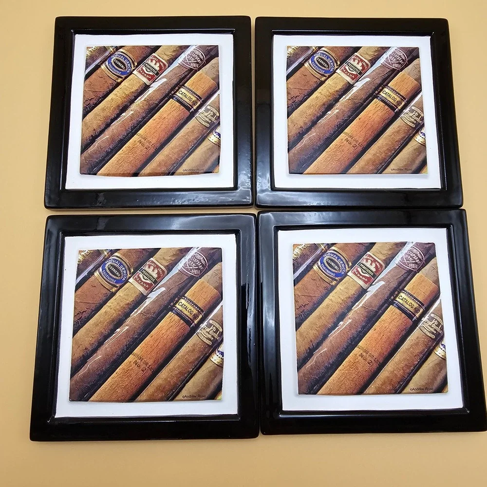 Cool Vintage Ambiance Coasters Cigar Photo Set 4 Ceramic Cork Back‎ Home Decor